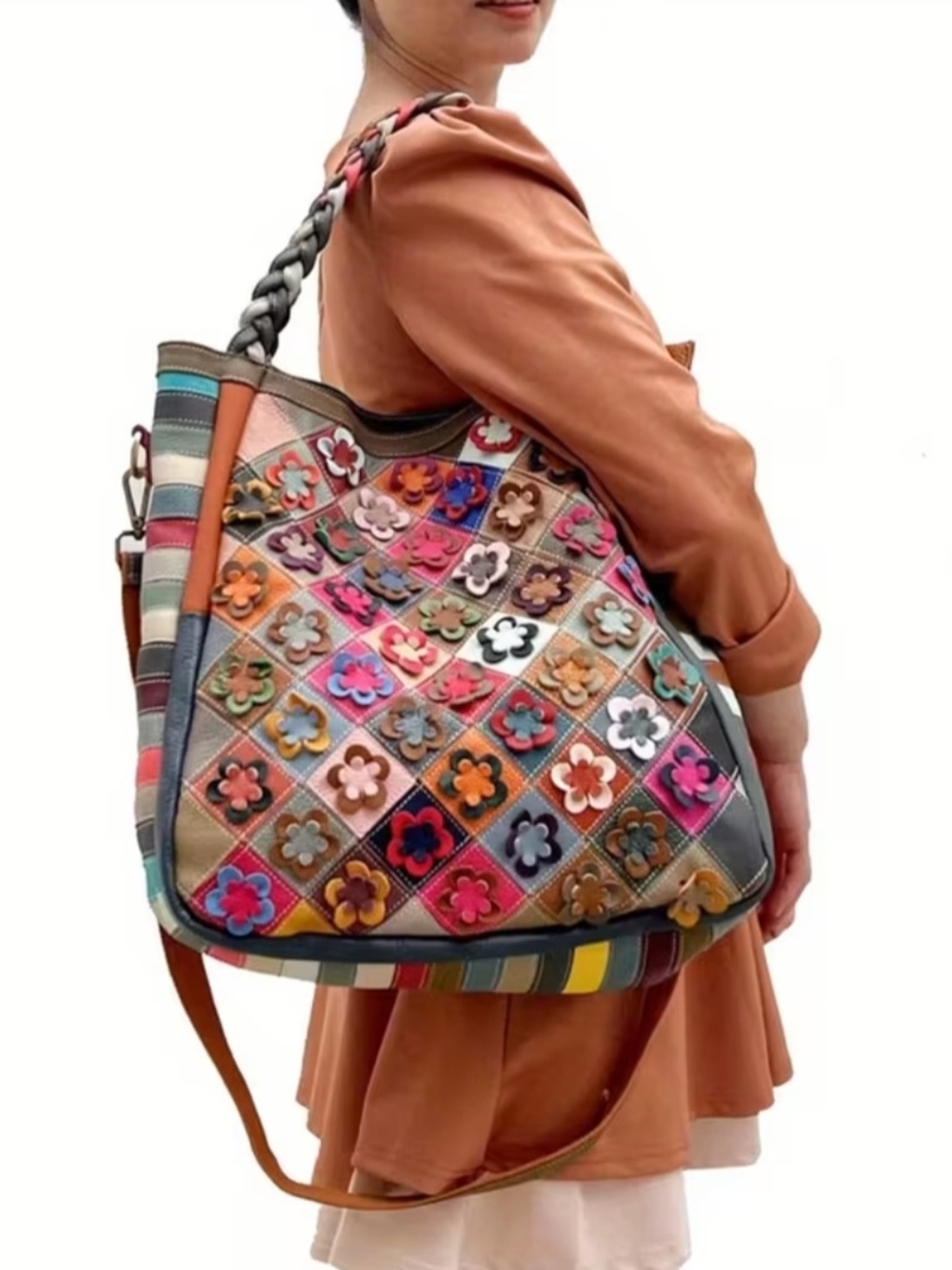 ♥️Multicolor Patchwork Floral Genuine Leather Shoulder Bag Large - Picture 3 of 12